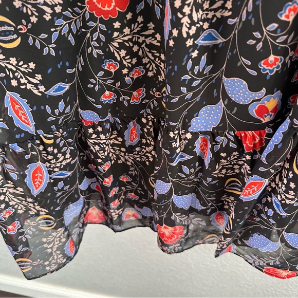 Romantic Floral Tie Neck Dress Black Sheer Sleeve Ruffle Boho - Size 14 - Picture 6 of 13